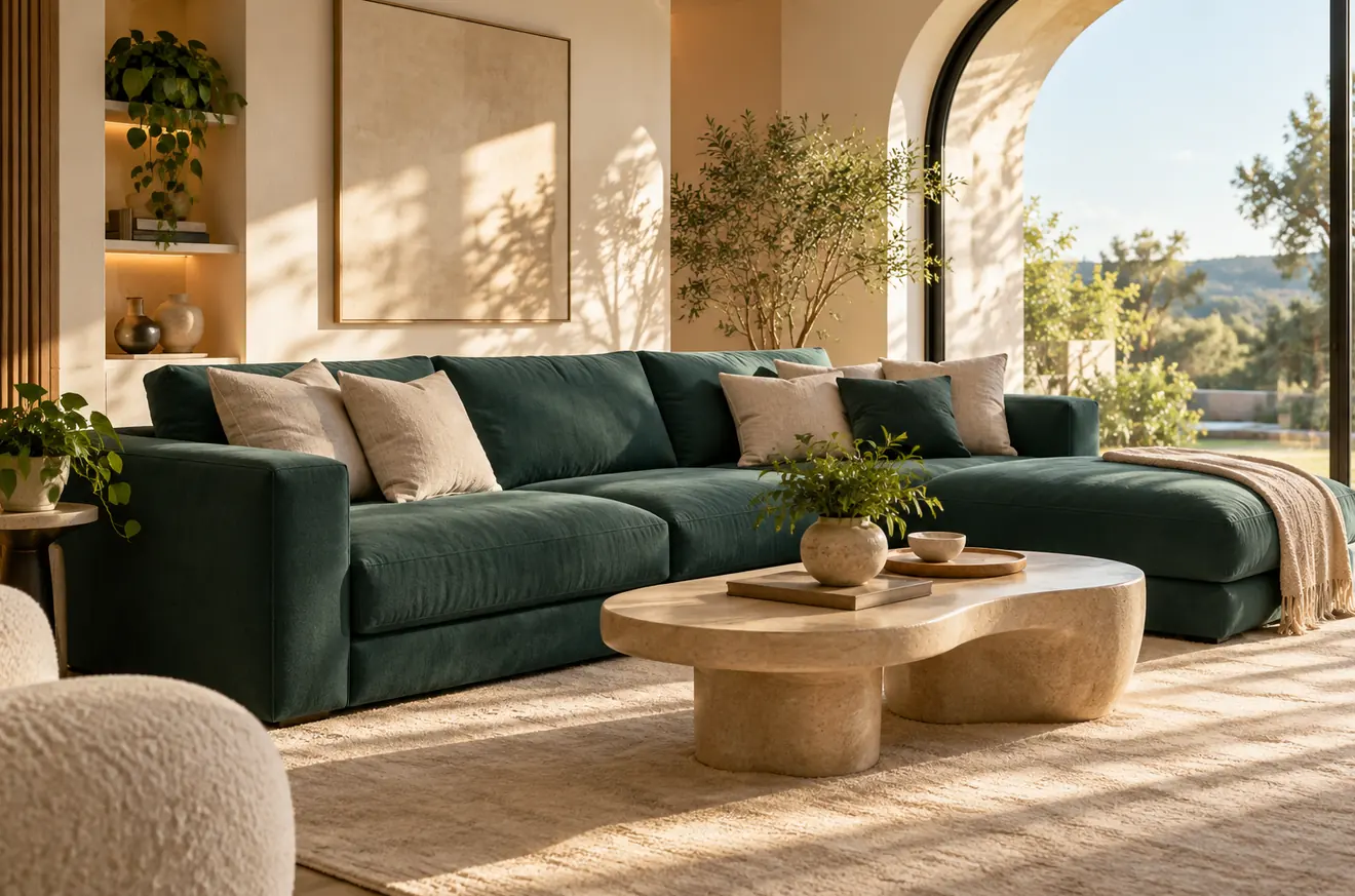 Sala aconchegante com sofá verde